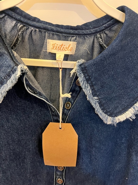 Listicle Dark Blue Denim Dress with Frayed Collar - Picture 2 of 3